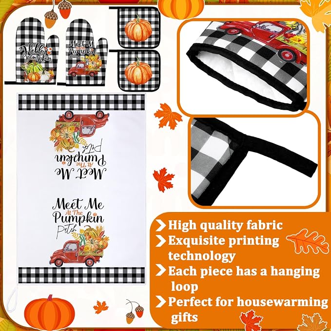 Leinuosen 6 Pack Fall Thanksgiving Kitchen Set with 2 Hello Pumpkin Dish Towels, 2 Buffalo Plaid Pot Holders and 2 Car Oven Mitts for Gifting, Baking, and Cooking Accessories