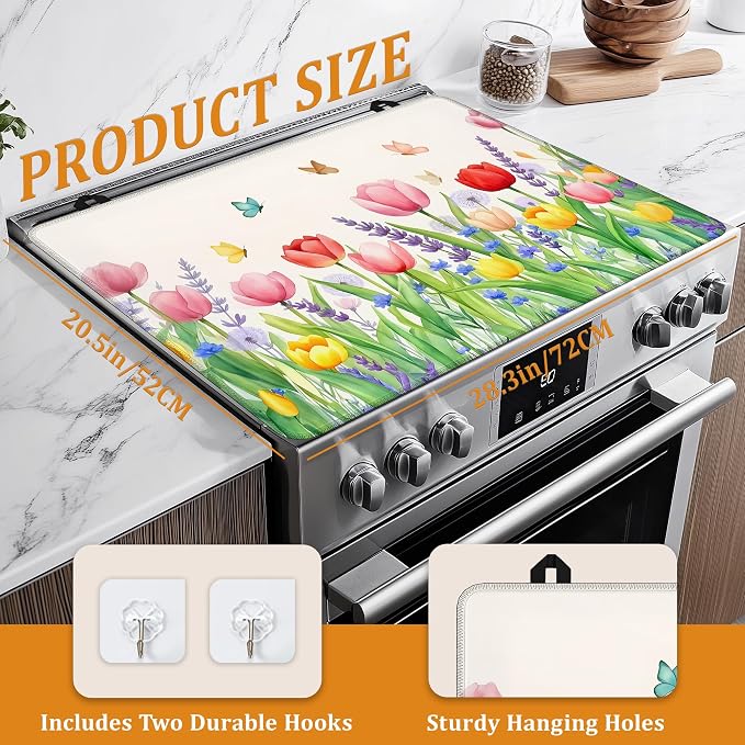 Spring Flowers Glass Top Stove Cover Protector,Rusti c Butterfly Heat Resistant Stove Top Cover, Large Size Range Covers for Electric Stove Countertop Mat, 28 x 20 Inch