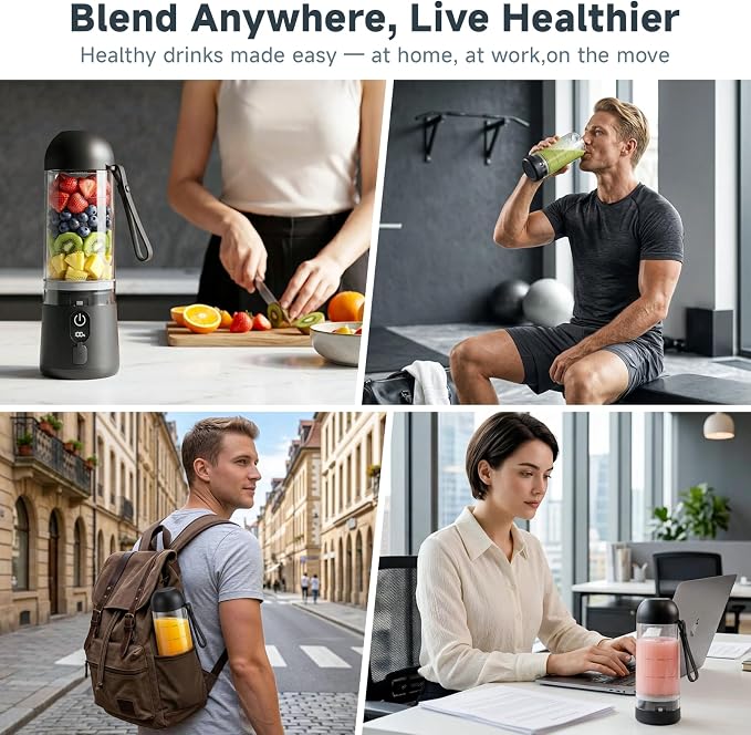 Portable Blender, USB C Rechargeable Small Smoothie Blender with Lid | Personal Blender for Shakes, protein, 8 Blades, Travel Friendly Mini Mixer for Home, Office, Gym, 17oz Black