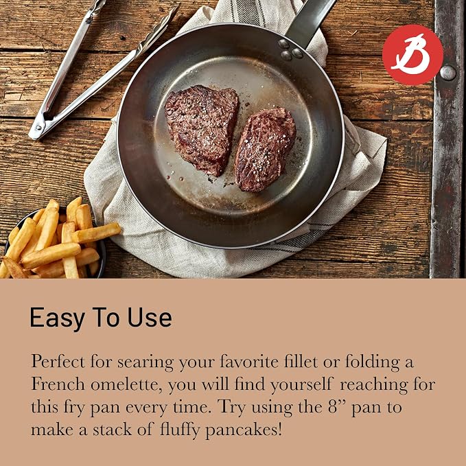 de Buyer MINERAL B Carbon Steel Fry Pan - 8” Diameter, 5.5” Cooking Surface - Ideal for Searing, Sauteing & Reheating - Naturally Non-Stick Finish - Made in France