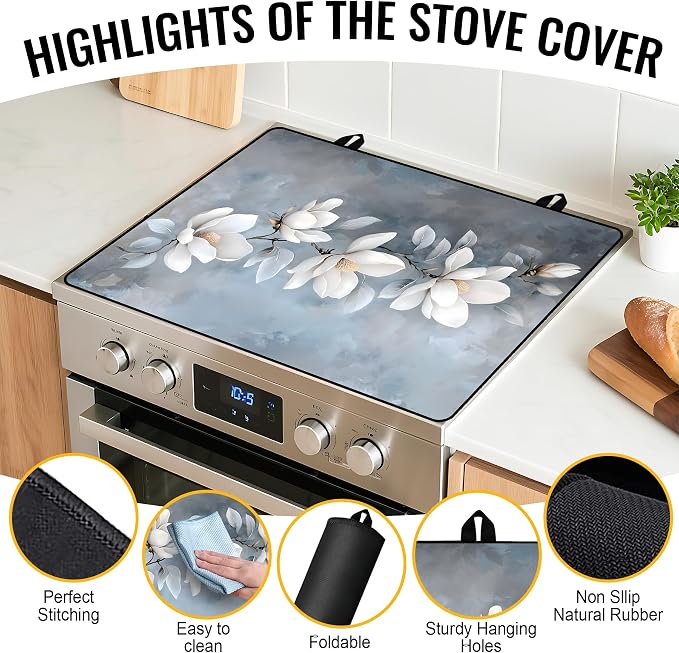 NYZE Stove Top Cover for Electric/Glass Stove, 28x20 Inch Stovetop Cover Flat Top Protector Dish Drying Mat for Kitchen (White Magnolia)