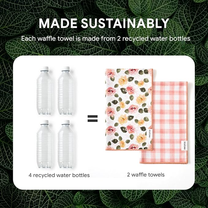 RECYCO Waffle Kitchen Towel Set of 2 - Quick Dry Microfiber Sustainable Dish Towels - Absorbent Reusable Cleaning Tea Towels - Lightweight Hand Towels,16”x 28”, Rose Plaid