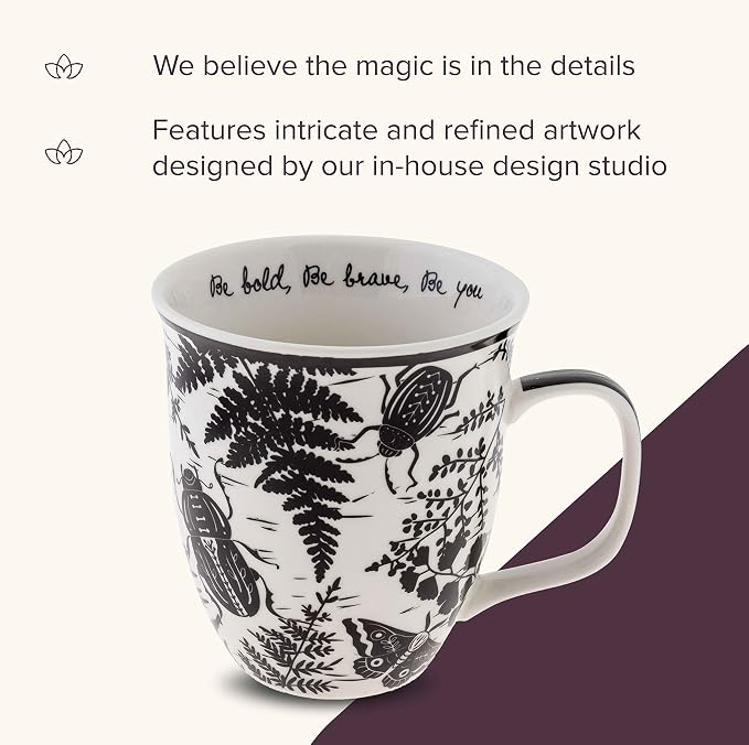 Karma Gifts 14 oz Black and White Boho Mug Beetle - Cute Coffee and Tea Mug - Ceramic Coffee Mugs for Women and Men