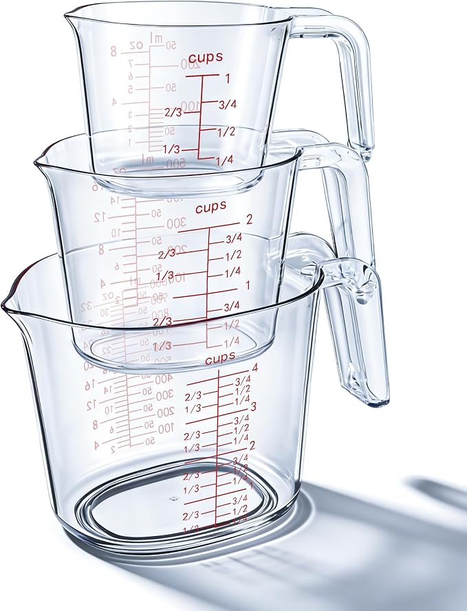 -BINGBING- Measuring Cups Set of 3, Plastic, Nesting Design, Pour Spout | 1L, 2 Cup, 1 Cup with Ml & Oz Markings, Non-Slip Base & Pour Spout for No Mess, Nesting Design for Kitchen, Baking & Cooking