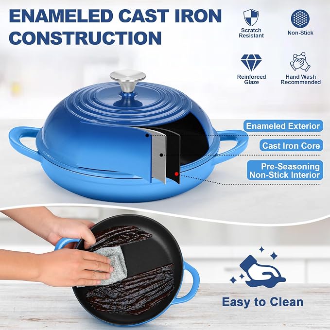 TeamFar Cast Iron Bread Dutch Oven, 6 Qt Enameled Dutch Oven Pot | for Sourdough Bread Baking, with Tall Dome Lid & Round Base Pan, Self-Basting & Even-Heating, Heavy-Duty & Non-stick, Blue