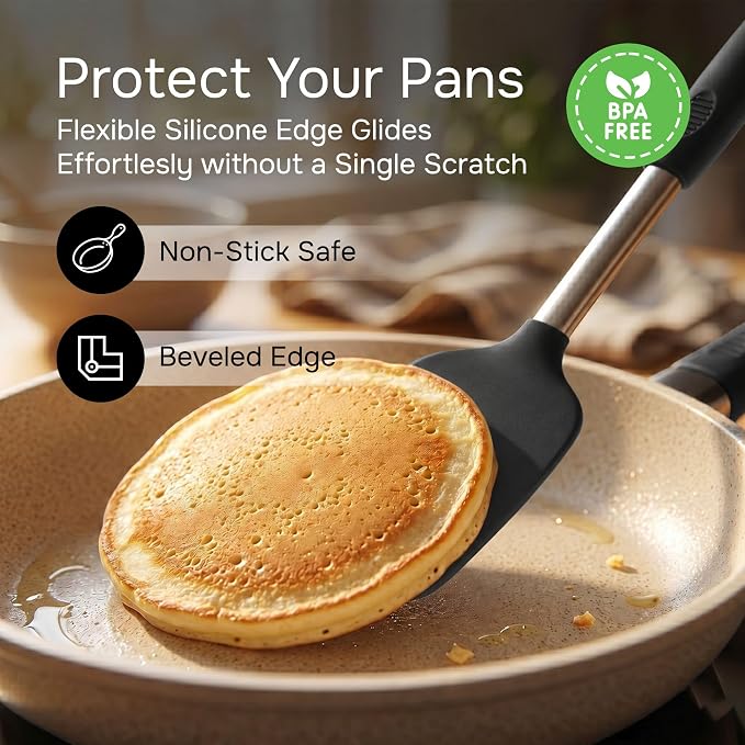 Silicone Spatula Set (2-Pc) - 600°F Heat Resistant, BPA-Free, Non-Scratch, Dishwasher Safe I Slotted & Solid Kitchen Spatula Turner I Ideal for Eggs, Pancakes, Fish I Stainless Steel I Black