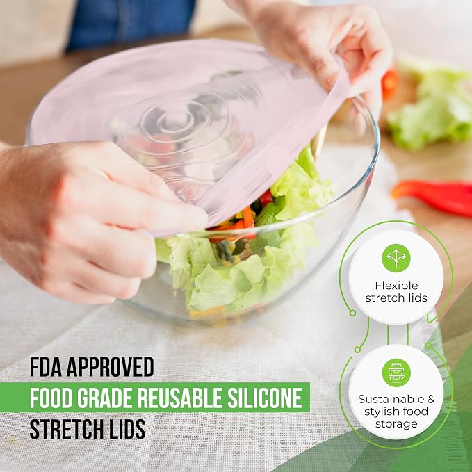 Reusable Silicone Stretch Lids for Food Storage in Fridge - Elastic Heat-Resistant Bowl Covers, Cups, Cans, Jars - Universal Food Grade Lid for Round and Rectangle Containers - 7 Pack - Colorful