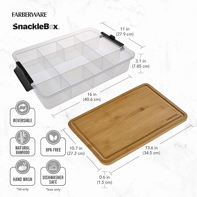 Farberware Snacklebox 11x16 Inch Bamboo Cutting Board Lid with 11-Compartment PP Snack Box, Locking Handles for Travel - Charcuterie Board with Lid for Picnics, Road Trips, and Outdoor Entertaining