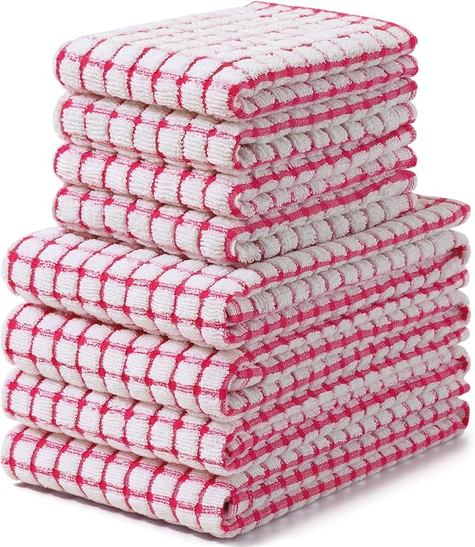 Homaxy Kitchen Towels and Dishcloths Set, Set of 8, Red | Cotton Terry Kitchen Dish Towels, Super Soft and Absorbent Dish Cloths, 16 x 25 and 12 x 12 Inches