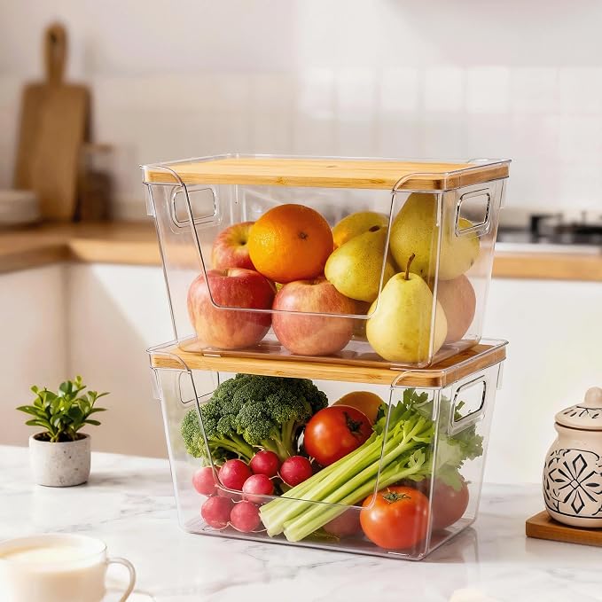 2 Set Pantry Organizers and Storage with Bamboo Lids, Stackable Clear Bins for Onion, Potato, Fruit, Vegetables, Trash Bag Dispenser, Kitchen and Under Sink Organizer
