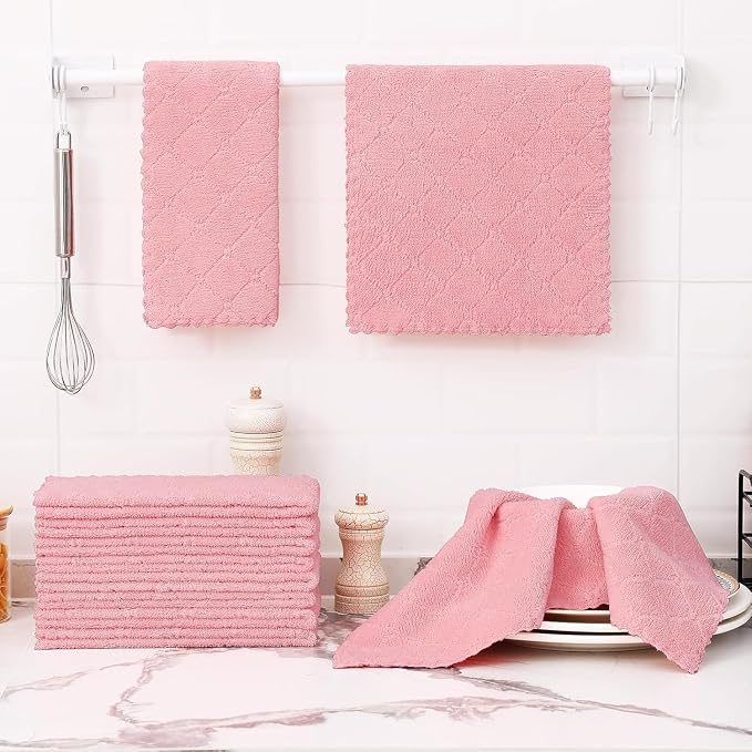 Homaxy 12 Pack Super Soft Absorbent Dish Towels, 10" x 20", Pink | Coral Velvet, Nonstick Oil Fast Drying Microfiber Cleaning Cloth, No Lint Dishcloths for washing and drying