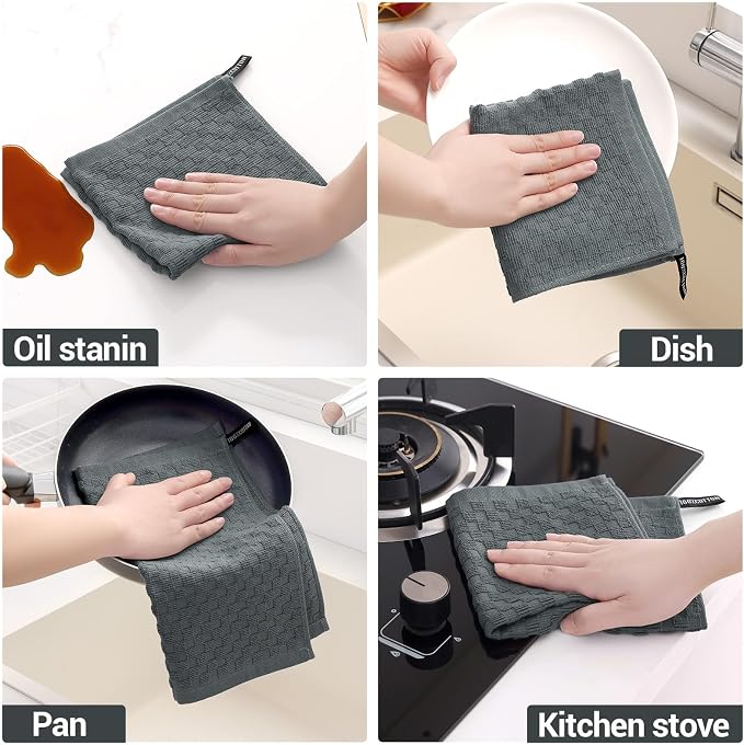 Homaxy 100% Cotton Terry Dish Cloths, 12"x12", 8-Pack, Dark Grey | Ultra Soft Absorbent Dish Towels with Hanging Loop, Pineapple Grid Designed