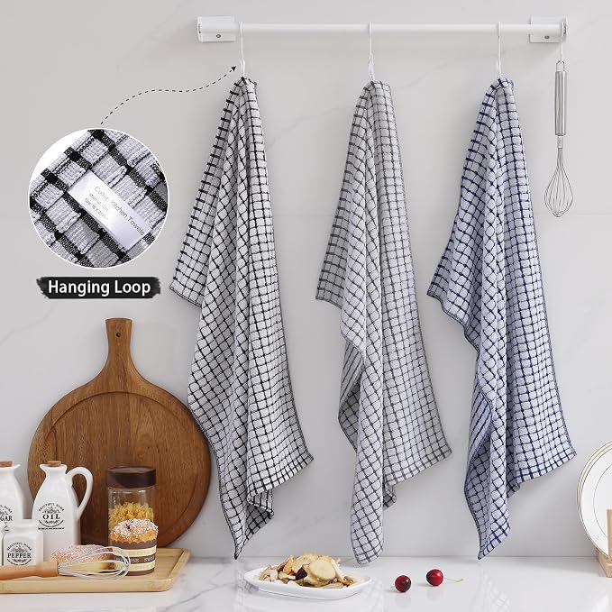 Mordimy Cotton 12 Pack Terry Kitchen Towels, 16 x 25 Inches | Super Soft and Absorbent Dish Towels, Quick Drying Hand Towels for Kitchen Drying, Black/Grey/Blue/Pink/Red/Brown