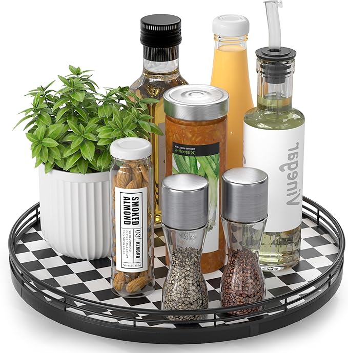 AMH 12 Inch Black and White Checkerboard Lazy Susan with Oak Wood Base | Smooth rotating oak tray with walnut finish for dining tables, kitchen counters, pantries and cabinet storage.