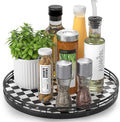 AMH 12 Inch Black and White Checkerboard Lazy Susan with Oak Wood Base | Smooth rotating oak tray with walnut finish for dining tables, kitchen counters, pantries and cabinet storage.