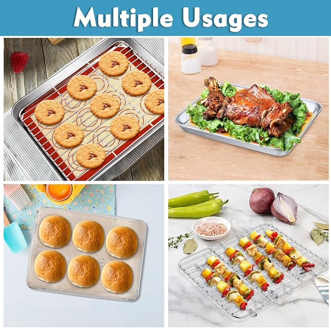 P&P CHEF 10.4 Inch Baking Sheet Pan Cooling Rack with Mat Set for Cookie | Stainless Steel Cookie Pan with Cooling Rack and Silicone Mat for Baking & Roasting, Oven & Dishwasher Safe, Easy Clean