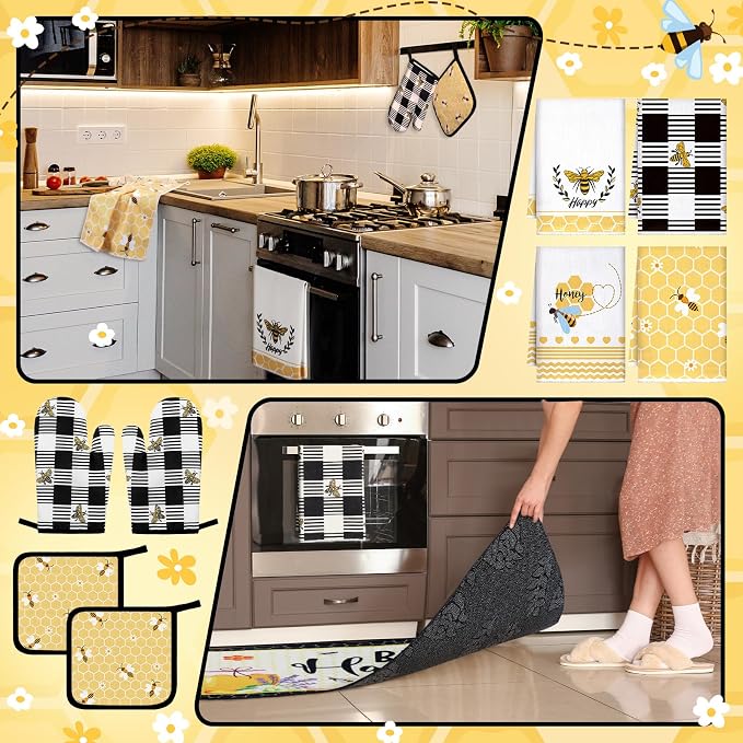 Fourluoo 10 Pcs Bee Kitchen Decor Set Honey Bee Dish Towels Rugs Oven Mitts and Pot Holders Set Farmhouse Kitchen Decor for Women Mom Gift Cooking Baking Grilling