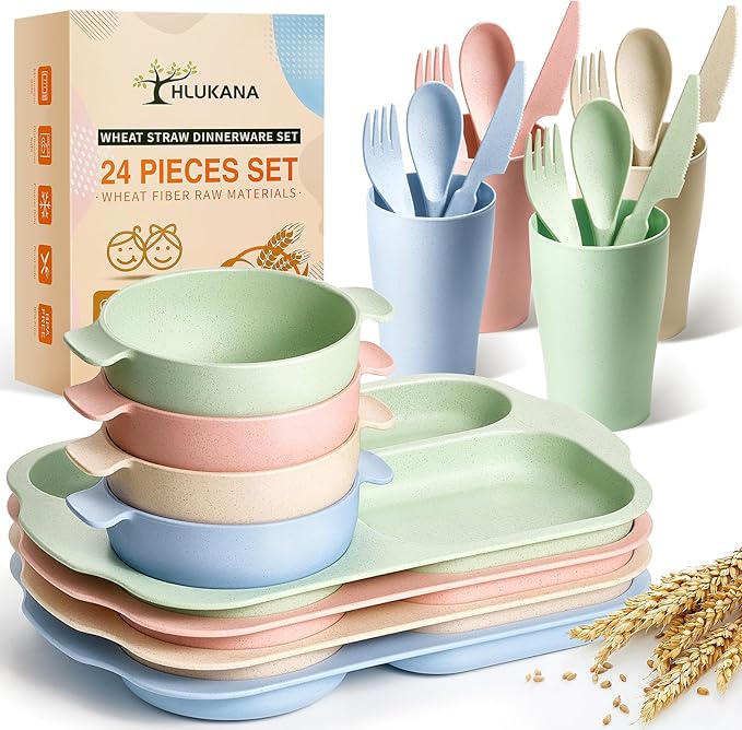 Hlukana 24 Pcs Wheat Straw Dinnerware Cutlery Set, Unbreakable Tableware Set, Including Kids Toddlers Divided Plates, Bowls, Cup, Cutlery Spoons Knifes Forks, BPA Free, Microwave Dishwasher Safe