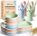 Hlukana 24 Pcs Wheat Straw Dinnerware Cutlery Set, Unbreakable Tableware Set, Including Kids Toddlers Divided Plates, Bowls, Cup, Cutlery Spoons Knifes Forks, BPA Free, Microwave Dishwasher Safe