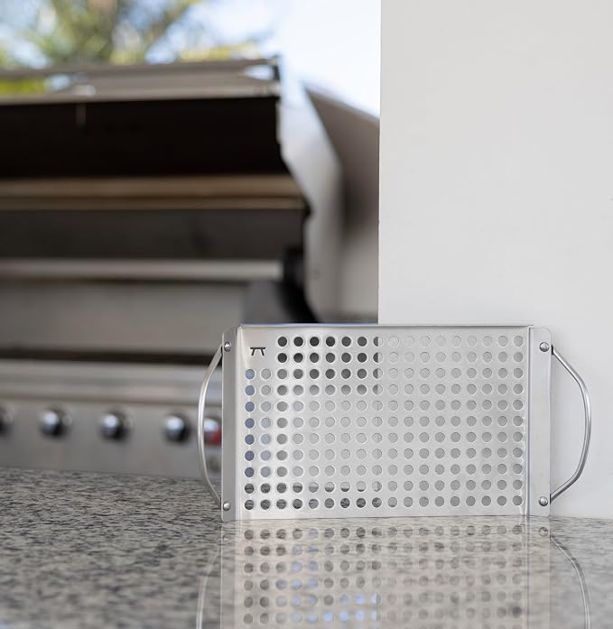 Outset 76631 Stainless Steel Grill Topper Grid, 11"x7" BBQ Pan With Handles | Stainless Steel Grill Topper | BBQ Veggie Grill Tray | Easy to Carry | Seafood Grill Tray With Holes | Infuses Flavor