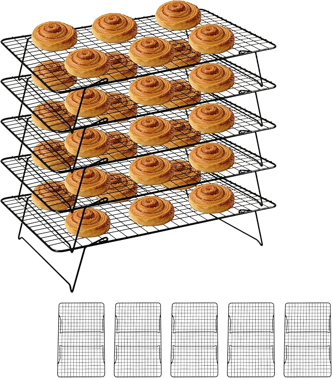 Cooling Rack 16"x10", 5-Tier Stackable & Collapsible Cooling Racks | Cooling Racks for Cooking and Baking, Roasting, Grilling, Oven & Dishwasher Safe (Black, 5-Tier)