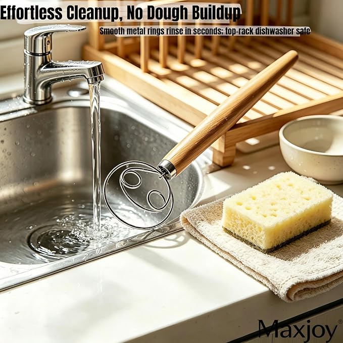 Maxjoy Danish Dough Whisk Stainless Steel Wood Handle for Sourdough Bread | 2-Eye No-Clump Dutch Whisk, Food-Safe Steel Head, Non-Slip Wood Grip, Hand Dough Mixer, Dishwasher Safe, for Sourdough Baking