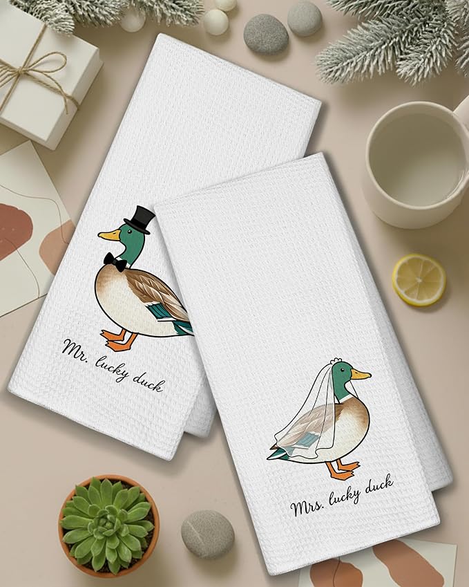 Funny Mallard Duck Mr and Mrs Kitchen Towels, Wedding Gifts for Couples Newlyweds Dish Tea Towels for Kitchen Decor, Just Married Gifts Decorative Hand Towel for Bathroom, 16x24 Inch Set of 2