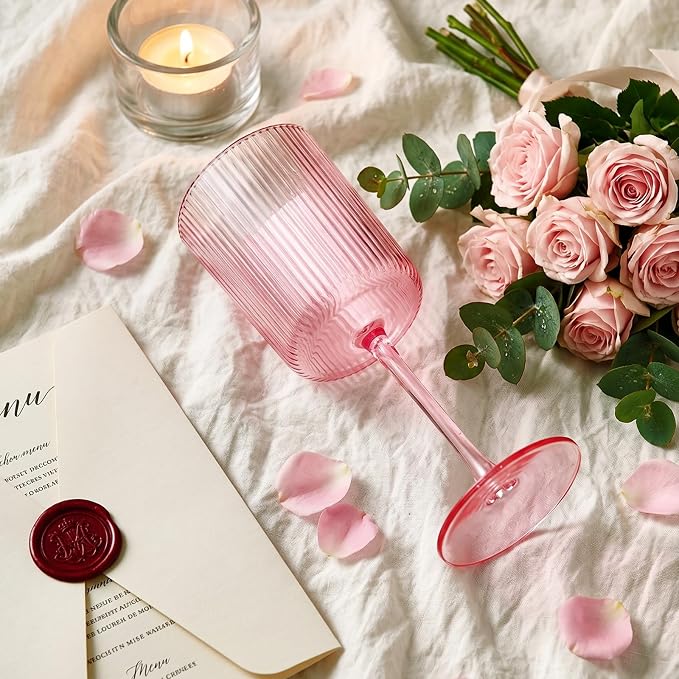Ciaell 12 Pack Pink Plastic Wine Glasses for Weddings Outdoor Gatherings | 10 oz Pink Ribbed Square Stemmed Cups, Heavy Duty Plastic, Champagne Wine Cocktails Beverages for Parties Birthdays Dinners