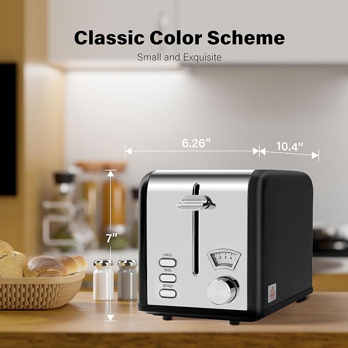 YSSOA 2-Slice Toaster with Extra Wide Slot & Removable Crumb Tray, 5 Browning Setting and 3 Function: Bagel/Defrost/Cancel, Retro Stainless-Steel Style, for Bread & Waffle, Black