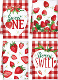 4 Pcs Strawberry Kitchen Towels Berry Hand Dish Towels Gift | Absorbent White Red Grid Tea Towel Fast Drying Housewarming Gift for Kitchen Bathroom Holiday Summer Strawberry Party Decor