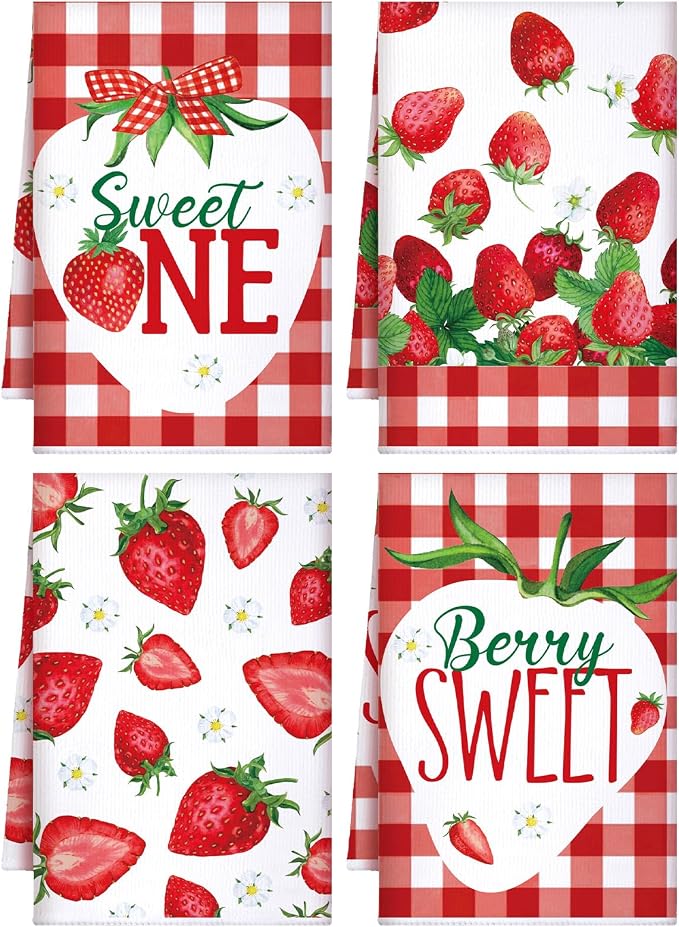 4 Pcs Strawberry Kitchen Towels Berry Hand Dish Towels Gift | Absorbent White Red Grid Tea Towel Fast Drying Housewarming Gift for Kitchen Bathroom Holiday Summer Strawberry Party Decor