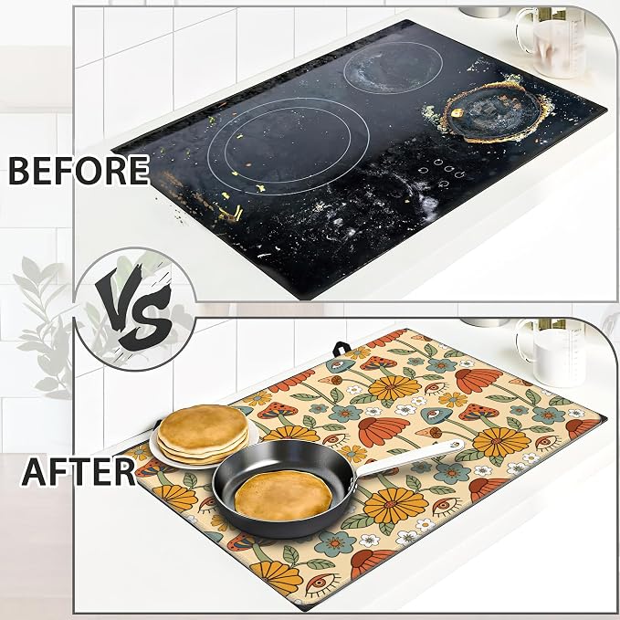 Hippie Abstract Flowers Stove Top Cover for Electric Stove,Heat Resistant Glass Cooktop Cover,Multipurpose Stove/Counter/Washer Top Protector,Dishwasher Safe Rubber (28x 20)