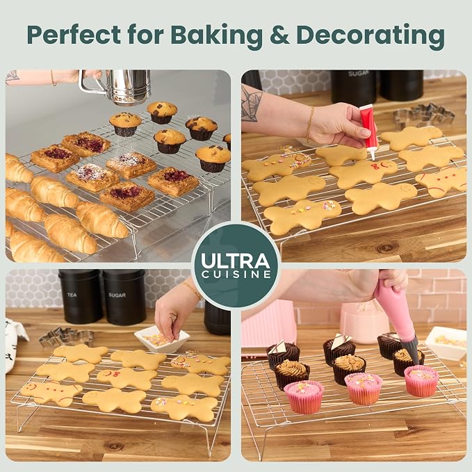Durable 3 Tiers Stackable, 16" x 10" Cooling Rack for Baking | Professional Grade, Premium 100% Stainless Steel, Baking Rack & Wire Cooling Mesh, Dishwasher Safe, Oven Safe