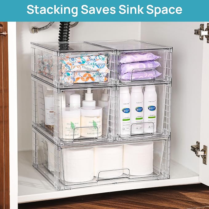 Vtopmart Clear Stackable Storage Drawers, 5 Pack Multi-Size Organizer Set | Wide, Medium and Small Pull-Out PET Drawers with Stackable Design for Cabinets, Closets, Pantry and Bathroom Organization