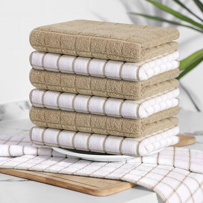 Homaxy Large Premium Cotton Kitchen Towels 16"x 28", 6 Pack, Tan | Natural Ring Spun 390 GSM Dish Towels, Super Absorbent Terry Kitchen Hand Towels, Soft Tea Towels with Hanging Loop