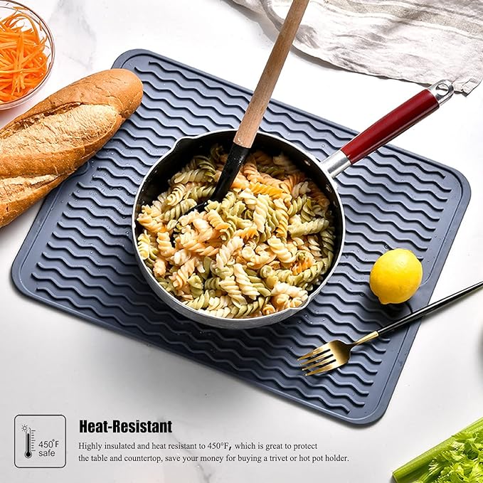Silicone Dish Drying Mat, Non-Slip Easy Clean Sink Mat, Grey, 17" x 14" | Quick-Dry Ridges, Large Heat-resistant Dish Drainer Mat for Kitchen Counter, Hangable & Roll-Up for Storage, Dishwasher Safe