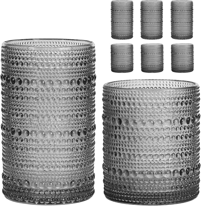 Moretoes Gray Hobnail Drinking Glasses Set of 6,Glass Cups | 12 Oz Highball Glasses & 10 Oz Cocktail Glasses, Kitchen Bar Tumbler Glassware Set for Whiskey, Beer, Juice, Milk