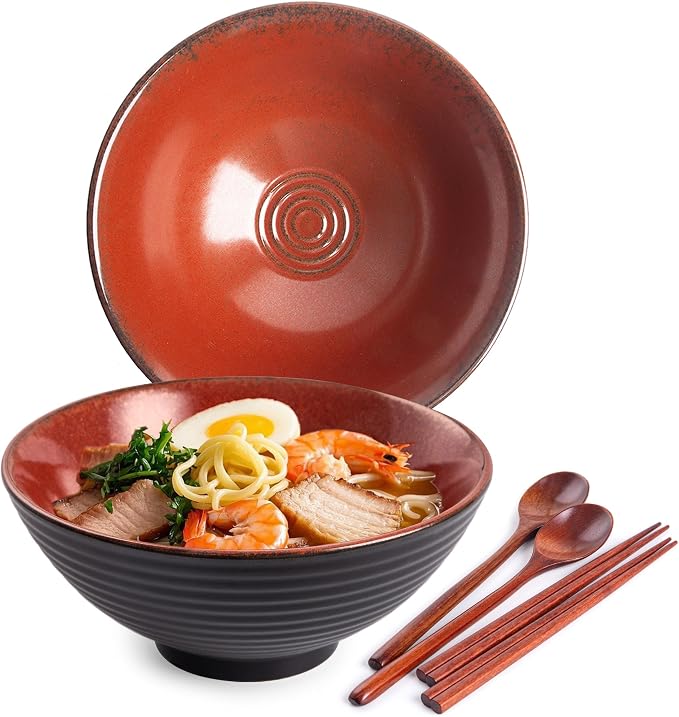 Ceramic Japanese Ramen Bowl Set, 2 Sets Asian Pho Udon Soup Noodle Bowls with Spoons and Chopsticks (Red, 8 inches)