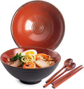 Ceramic Japanese Ramen Bowl Set, 2 Sets Asian Pho Udon Soup Noodle Bowls with Spoons and Chopsticks (Red, 8 inches)