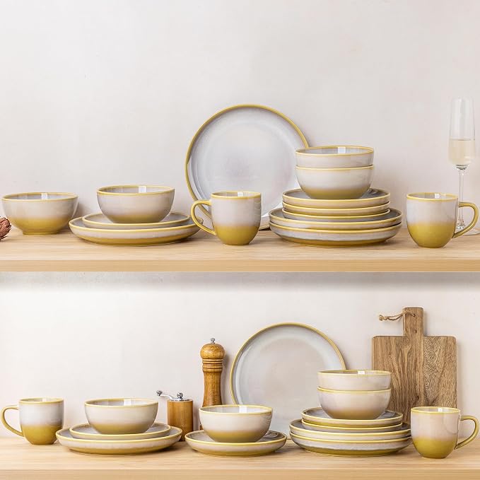 Ceramic Dinnerware Set for 4, 12-Piece Plates and Bowls Set | Lightweight Porcelain Dish Set, Scratch Resistant, Oven & Microwave & Dishwasher Safe, Autumn Mist