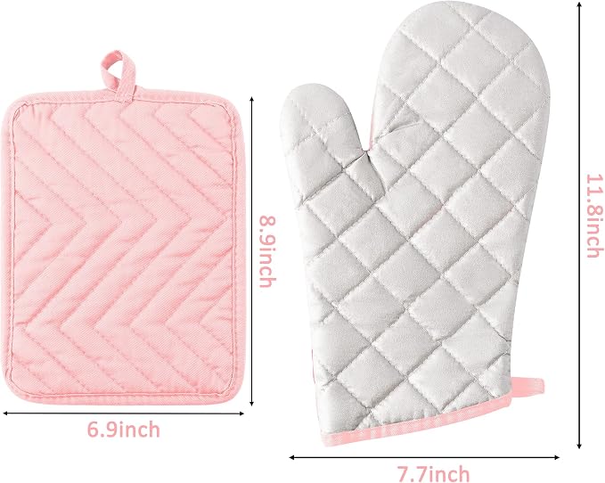 6Pcs Cotton Oven Mitts and Pot Holders Set Heat Resistant Hot Pads Durable Pocket Pot Holder Machine Washable BBQ Gloves with Hanging Loop for Safe Kitchen Baking Cooking Grilling Pink