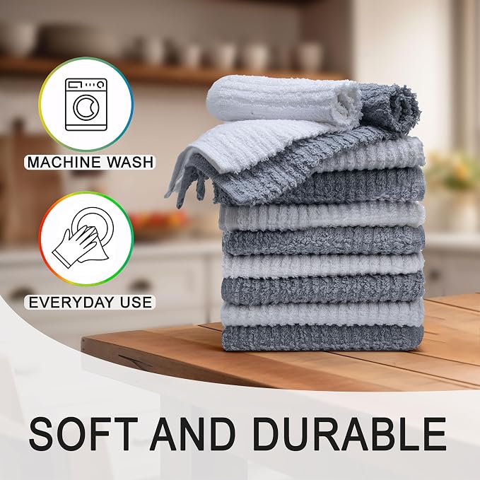 Textila Bar Mop Towels 12x12 Inch – White & Grey – Pack of 10 - Cotton Dish Cloths & Cleaning Towels for Kitchen, Bar, Restaurant, Household Use – Absorbent, Durable, Reusable
