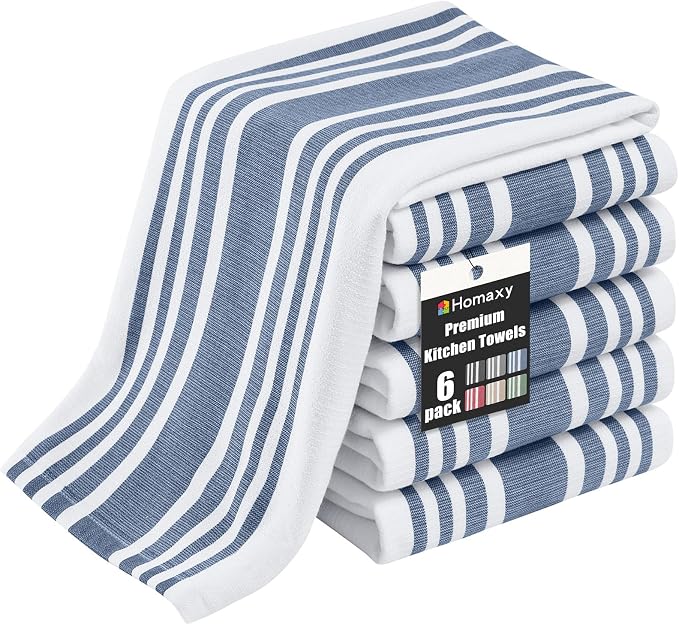 Homaxy Premium Cotton Stripe Kitchen Towels 6 Pack, 18"x 28", Navy Blue | Large 380 GSM Kitchen Hand Towels, Soft Terry Dish Towels, Highly Absorbent Tea Towel Set with Hanging Loop