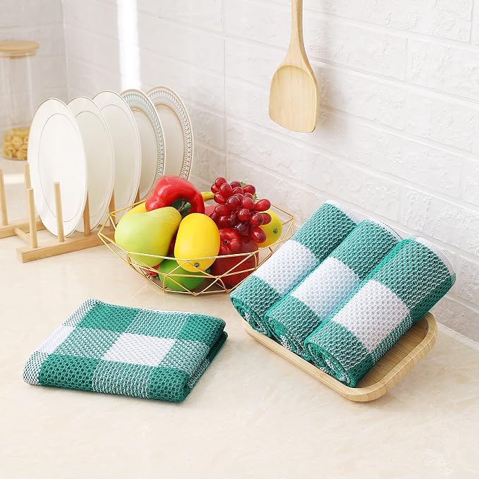 Homaxy Kitchen Towels and Dishcloths Set, Set of 8, White & Teal | Bulk Cotton Waffle Weave Check Plaid Kitchen Towels, Super Soft and Absorbent Dish Cloths, 12 x 12 and 13 x 28 Inches