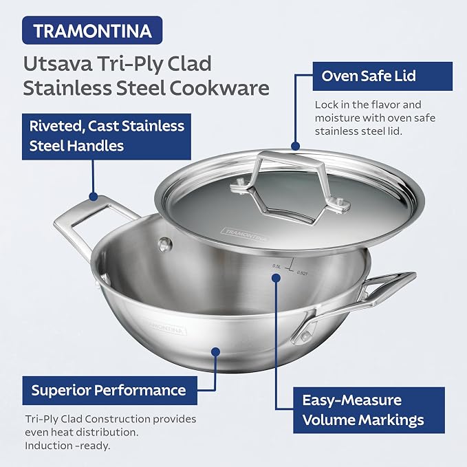 Tramontina Utsava 2.75-Quart Tri-Ply Clad Stainless Steel Kadai with Lid | Kadhai Pot for Indian Cooking