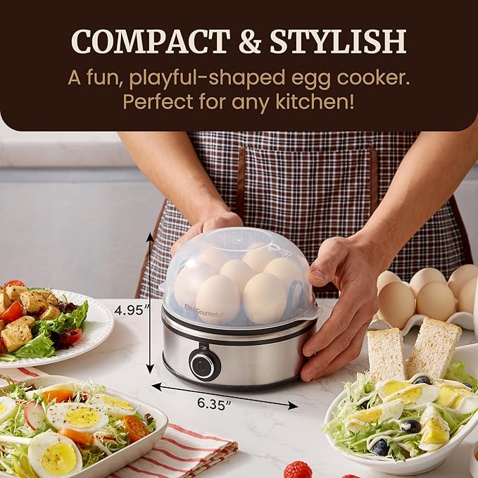 Elite Gourmet EGC855SS Easy Egg Cooker, 7-Egg, Steel | Cooks soft, medium, hard-boiled eggs, omelets, poached eggs - plays melody when done - auto shut-off - measuring cup included