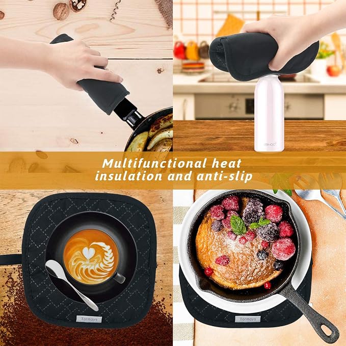 4Pcs Oven Mitts and Pot Holders Set, 572F Heat Resistant Oven Glove, Soft Cotton Lining with Non-Slip Surface for Kitchen Baking BBQ (Black)