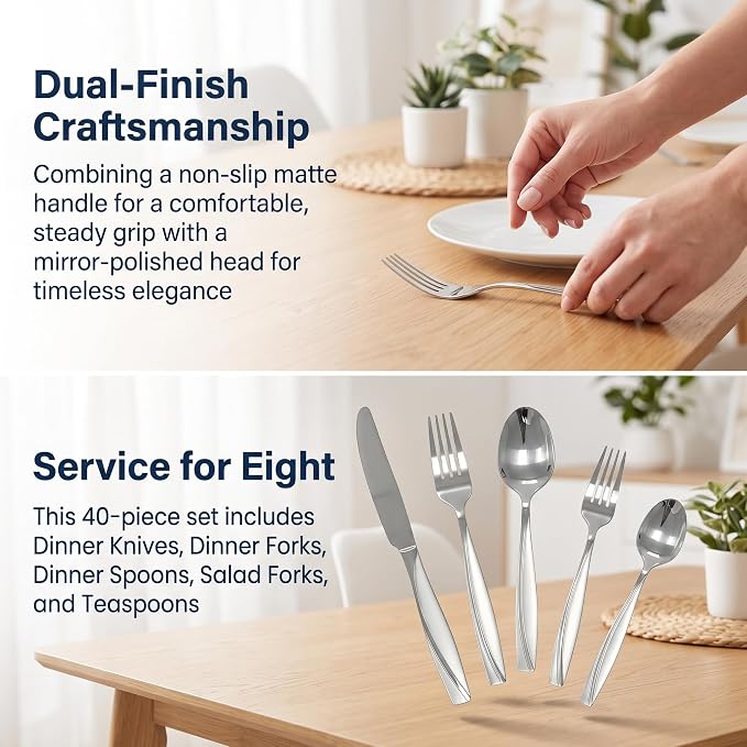 40-Piece Stainless Steel Silverware Set for 8 | Grade 430 Classic Pattern Flatware Set, Heavy Fork Spoon Knife Set for Home, Restaurant, Apartment, Hotel, Dishwasher Safe
