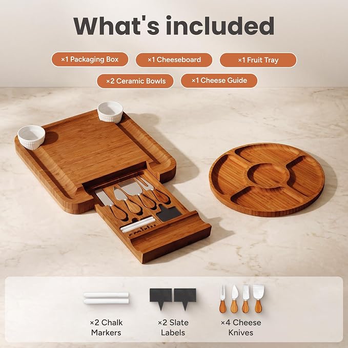 SMIRLY Charcuterie Board Set with Serving Accessories, Bamboo Brown | Housewarming and Wedding Gift for Couples, Designed for Movie Nights, Wine Nights and Serving Snacks at Home Gatherings
