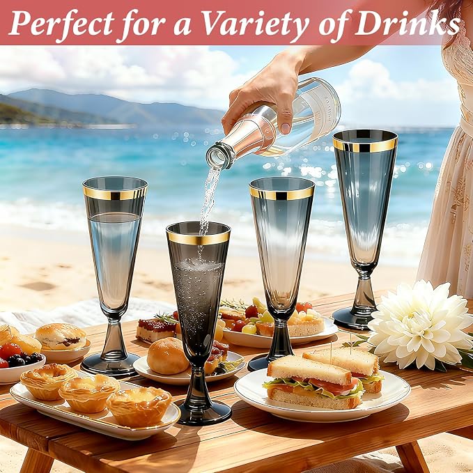 GuanQiao 40 Pack Plastic Champagne Flutes Black, Disposable Plastic Champagne Glasses with Gold Rim, Wine Glasses Cups for Wedding Celebration Birthday Party Wine Tasting New Years Eve Party Supplies